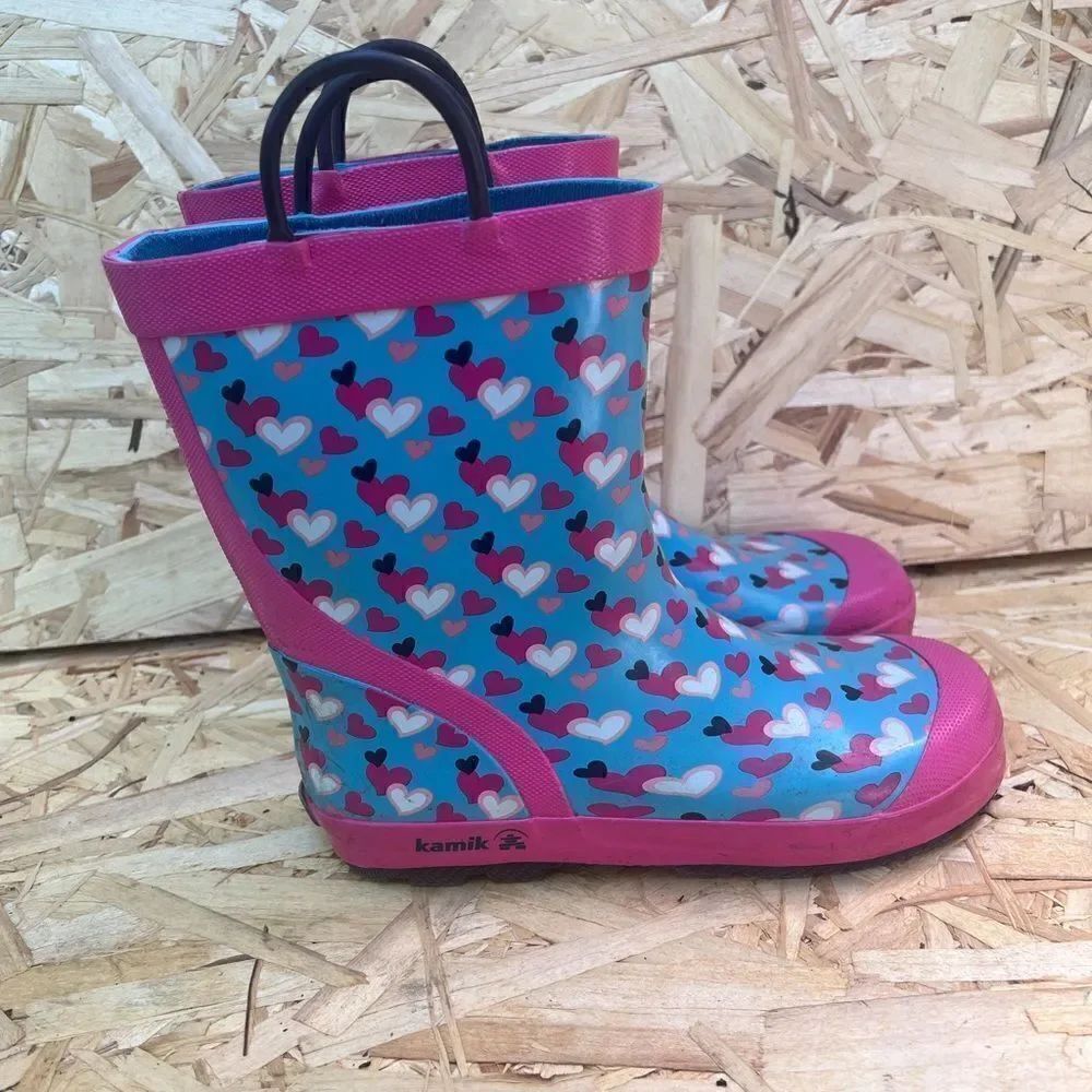 Kamik Rubber Rain Boots Girls 1 Lovely Blue Pink Heart Pull On size 3